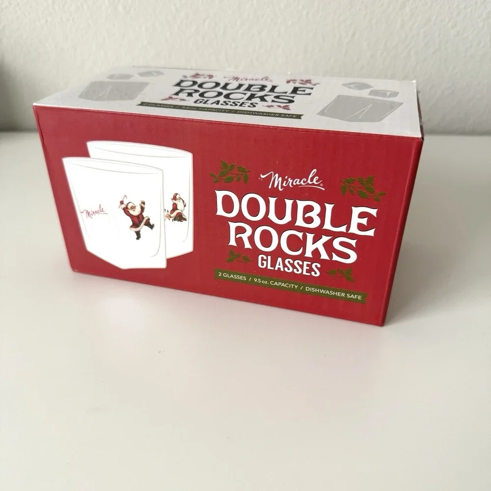 Miracle Double Rocks Glasses‎ Set Of Two Santa Retro Christmas Holiday